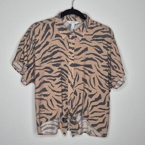 Nine‎ West Button Up Tie Front Brown Black Tiger Print Top Quirky Artsy Indie M